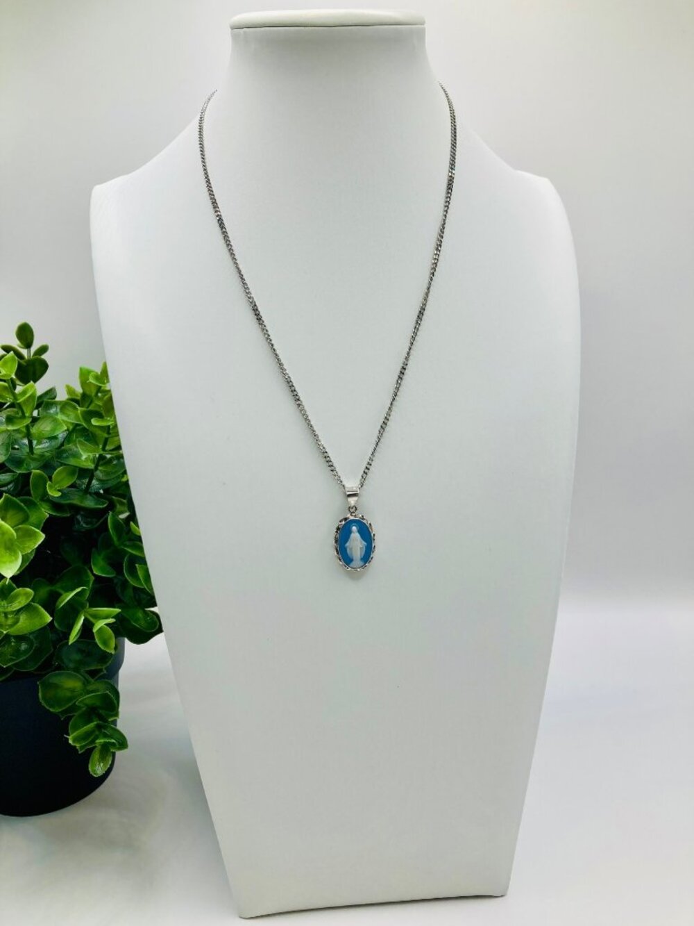 Blue Cameo Miraculous Medal Necklace Sterling Silver Frame on Stainless Steel Ch - Picture 2 of 7